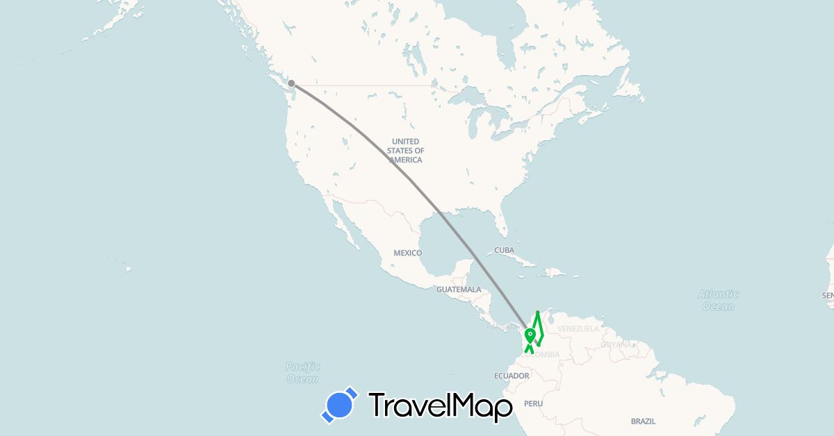 TravelMap itinerary: driving, bus, plane, hiking, motorbike in Canada, Colombia (North America, South America)